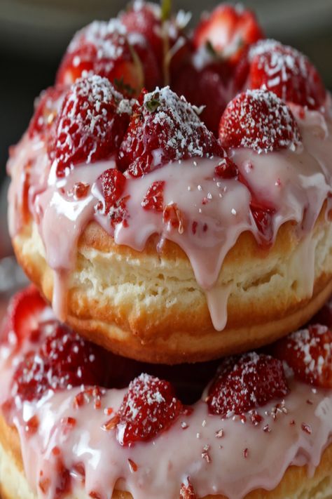 Strawberry Cheesecake Stuffed Donuts Food Embroidery, Strawberry Donut, Fancy Donuts, Delicious Food Recipes, Strawberry Donuts, Cheesecake Filling, Delicious Snacks Recipes, Fun Baking Recipes, Fresh Strawberries