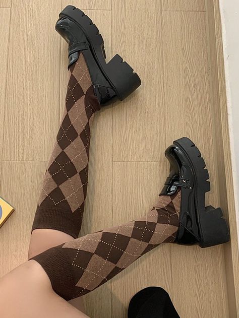 1pair Women's Coffee-Colored Double Diamond Checkered Knit Socks, Vintage Style For School Outfit, Mid-Calf Length, Slim Fit, Suitable For Daily UseI discovered amazing products on SHEIN.com, come check them out! Style For School, Diamond Socks, Over The Calf Socks, Fall Fit, Double Diamond, Color Cafe, Calf Socks, Coffee Colour, School Outfit