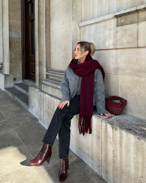 Grey Textured Zip Up Short Jacket … curated on LTK Burgundy Boots Outfit, Mary Jane Shoes Outfit, Grey Sweater Outfit, Burgundy Bag, Burgundy Outfit, Burgundy Boots, Burgundy Heels, Chic Winter Outfits, Heels Outfits