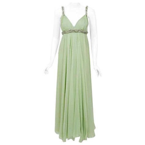 Vintage 1960s Sarmi Couture Seafoam-Green Jeweled Low-Plunge Silk Chiffon Gown For Sale at 1stDibs | fernando sarmi Grecian Gown, Vintage Dress Design, Goddess Gown, Edwardian Dress, Silk Chiffon Dress, Couture Designers, Vestidos Vintage, Vintage Maxi Dress, Chiffon Gown