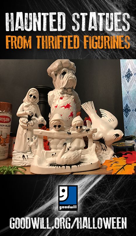 Start with #thrifted figurines and add some *unique* paint choices to create some interesting and spooky #decor for Halloween! #DIY #thrift #decorations #figurines #upcycle #makeover #goodwill #haunted #easy Diy Halloween Figurine, Halloween Figurines Diy, Painted Figurines Diy Halloween, Goodwill Halloween Decor, Upcycle Halloween Decorations, Diy Upcycled Halloween Decorations, Creepy Figurines, Halloween Upcycle, Upcycled Halloween Decorations