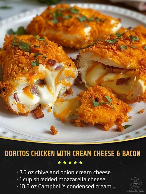 Family Cookbook Recipes | Cream Cheese and Bacon Stuffed Doritos Chicken | Facebook Crockpot Recipes Cream Cheese, Stuffed Doritos, Cream Of Bacon Soup, Chive And Onion Cream Cheese, Recipes Cream Cheese, Health Chicken Recipes, Chicken Bakes, Ritz Chicken, Doritos Chicken