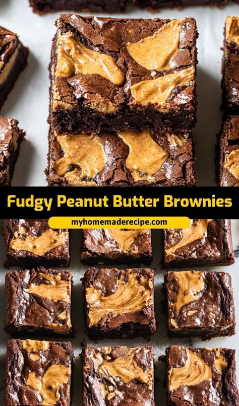 These fudgy peanut butter brownies are the best brownies for a rich and creamy dessert. Packed with chocolate and swirls of peanut butter, they’re the ultimate brownies for peanut butter lovers Peanut Butter Filling For Brownies, Fudgy Peanut Butter Brownies, Peanut Butter Fudge Brownies, Peanut Butter Brownies Box Recipes, Dessert With Peanut Butter, Peanut Butter Chocolate Desserts, Brownies With Peanut Butter, Peanut Butter And Chocolate Chips, Peanut Butter Swirl Brownies