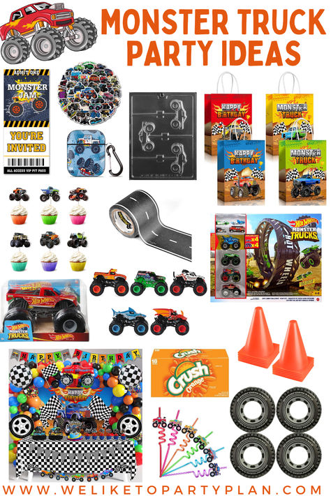 Rev up the fun with a monster truck birthday party! From tire track decorations to monster truck cake ideas, this board has everything you need to make your little one's special day a smashing success. Get ready to crush it!   #monstertruck #monsterjam #hotwheels #birthdayparty #partyideas #WeLiketoParty #diy #partyplanning #dirtcake #favors #lollipops Monster Truck Dinosaur Party, Monster Truck Birthday Party Ideas Games, Monster Truck Party Activities, Monster Truck Pool Party, Track Decorations, Monster Truck 2nd Birthday Party Ideas, Monster Truck 4th Birthday Party Ideas, Monster Truck Birthday Party Ideas Decoration, Monster Truck 3rd Birthday Party