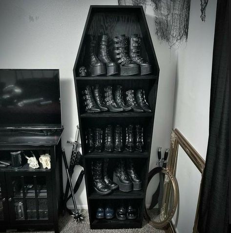 Gothic Storage Ideas, Goth Shoe Storage, Goth Boot Storage, Goth Storage, Alternative Room Aesthetic, Modern Goth Home, Goth Moodboard, Gothic Bedroom Decor, Gothic House Decor