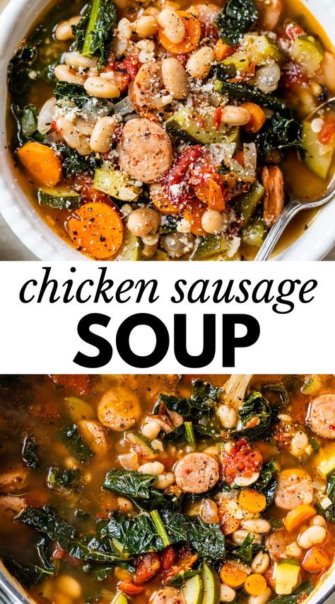 Chicken Sausage Soup Recipes Healthy, Chicken Sausage Soup Healthy, Chicken Sausage Bean Soup, Hearty Sausage Soup, Healthy Whole Food Crockpot Recipes, Sausage Kale Tomato Soup, Chicken Sausage Soup Crockpot, Sausage Broccoli Soup, Chicken Sausage Potato Soup