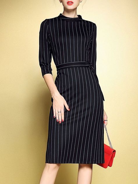 Reach for a black vertical striped fitted dress to feel confidently and look fashionably. Shop this look on Lookastic: https://lookastic.com/women/looks/black-vertical-striped-sheath-dress-red-suede-clutch/23655 — Red Suede Clutch — Black Vertical Striped Sheath Dress Elegant Midi Dresses, Work Dresses For Women, Half Sleeve Dresses, Midi Sheath Dress, Striped Midi Dress, Office Dresses, Work Attire, Black Midi Dress, Half Sleeve