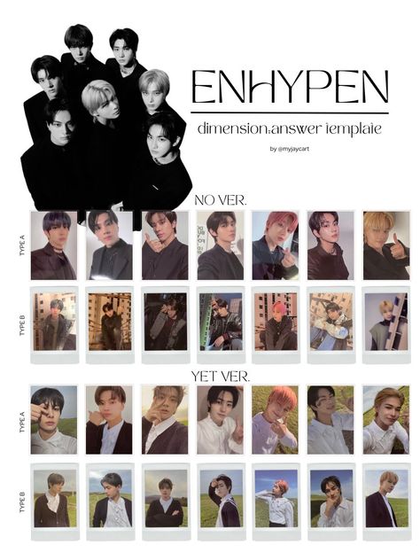 credits: @myjaycart on twitter Enhypen Dimension Answer, Photocards Template, Dimension Answer, Enhypen Dimension, Type A Type B, Photocard Template, Photo Card Template, Kpop Merch, Image Types