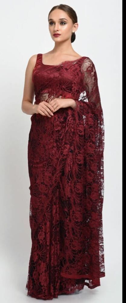 French Chantilly full Lace Saree designer indian bollywood maroon latest saris #Shoppingover #SariSaree Chadar Mekhela, Sabyasachi Couture, Chantilly Lace Saree, Lace Saree Blouse, French Chantilly Lace, Maroon Lace, Saree Blouse Neck Designs, Lace Saree, Crepe Blouse