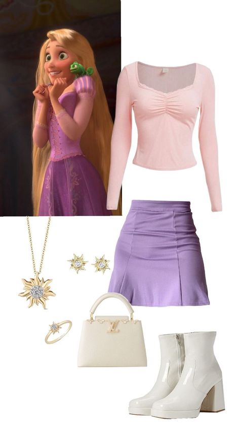 Tangled Rapunzel Inspired Outfit, Winx Club Pajamas, Repunzle Outfit Idea, Disney Bound Outfits Aurora, Rapunzel Disneybound Winter, Tangled Dress Inspired Outfits, Rapunzel Outfit Ideas Casual, Rapunzel Modern Outfit, Disneybounding Rapunzel