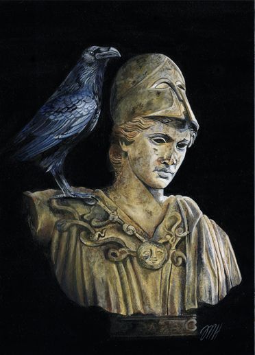 Perched upon the bust of Pallas | Melissa Hartley Bust Of Pallas, Athena Bust, Halloween Embroidery, Edgar Allan, Spooky Decor, Australian Artists, Tattoo Inspo, Ravens, Greek Mythology