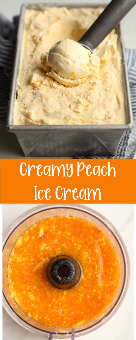 Enjoy this Homemade Peach Ice Cream with just seven ingredients. It's super creamy and perfect for a summer day. Make sure your peaches are ripe for the best flavor, and check out my easy tips for peeling them! Peach Custard Ice Cream, Homemade Peach Ice Cream Without Machine, Peach Ice Cream Homemade No Machine, Homemade Peach Popsicles, Peach Ice Cream Homemade Condensed Milk, Peach Homemade Ice Cream Recipe, Fresh Peach Ice Cream Homemade, Peaches Ice Cream, Peach Ice Cream Homemade Machine