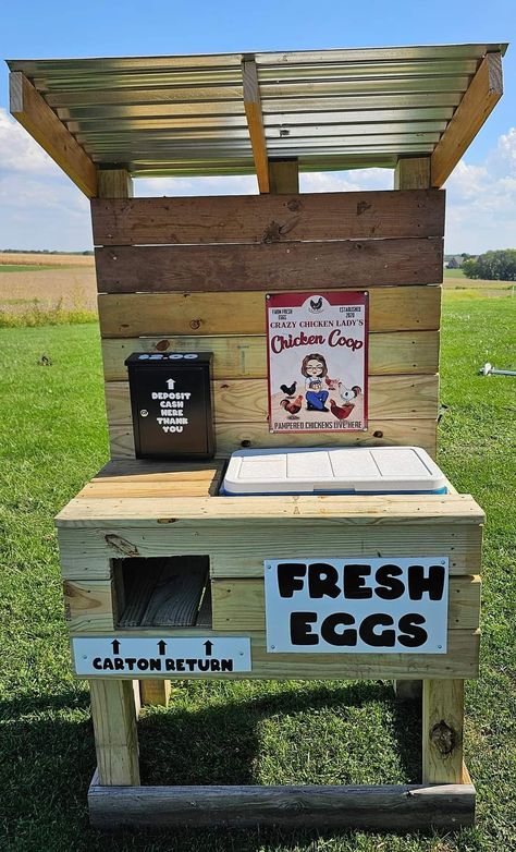 Farm Fresh Eggs Stand, Roadside Egg Stand Cooler, Roadside Egg Stand Ideas, Farm Stands Roadside Diy, Roadside Egg Stand Diy Cooler, Chicken Egg Stand Ideas, Egg Stands Roadside, Front Yard Farm Stand, Road Side Egg Stand