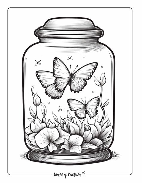 Jar Drawing Ideas, Butterfly Drawing Sketches, Butterfly Colouring Pages, Jar Coloring Page, Butterfly Coloring Pages, Disney Art Style, Leaf Stencil, Floral Tattoo Sleeve, Jar Art