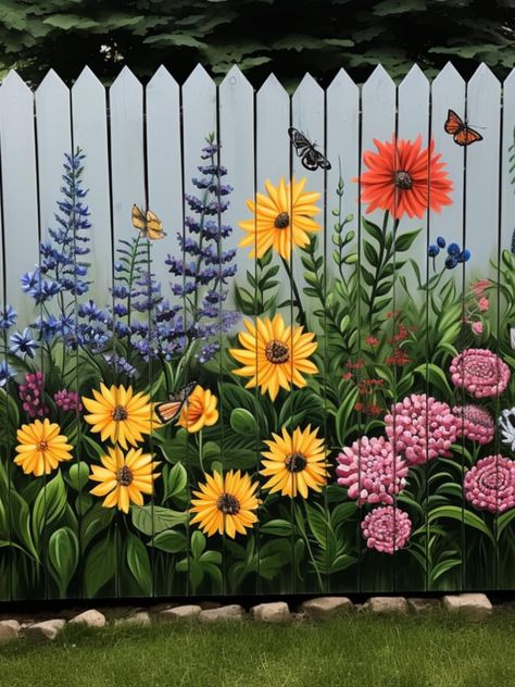 Butterfly Fence Art, Fence Painting, Garden Fence Art, Garden Mural, Round Lake, Flower Mural, Acrylic Art Projects, Paint Flowers, Fence Art