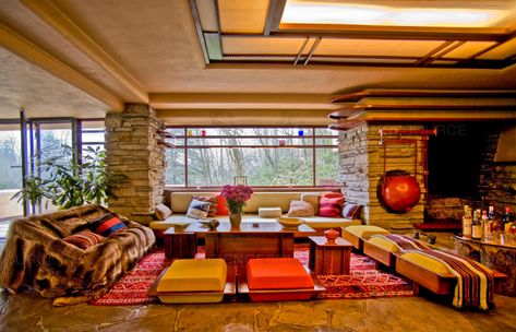 Cushions and Pillows - Fallingwater Living Room Interior (Frank Lloyd Wright) Fallingwater Interior, Flw Architecture, Frank Lloyd Wright Interior, Falling Water Frank Lloyd Wright, Falling Water House, Waterfall House, Frank Lloyd Wright Architecture, Frank Lloyd Wright Buildings, Frank Lloyd Wright Design