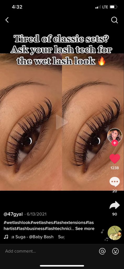 Wet Kylie Lashes, Wet Looking Eyelash Extensions, The Wet Look Lashes, Eyelash Extensions Styles Wet Look, Lash Set Styles, Wispy Cat Eye Lash Extensions Classic, Classic Lash Extensions With Color, Wet Set Hybrid Lash Extensions, Classic Lash Extensions Wet Look