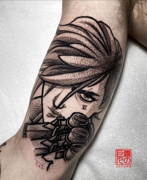 Vi From Arcane Tattoos, Arcane Vi Tattoo Design, Arcane Inspired Tattoo, Jinx Inspired Tattoos, Arcane Tattoos Symbols, Anime Tattoos, Skin Art, Love Tattoos, Skull Tattoo