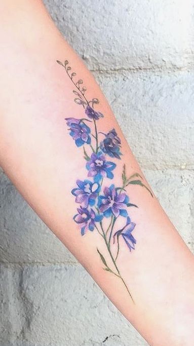 July Birth Flower - Larkspur, watercolor Purple Flower Tattoo, Delphinium Tattoo, Larkspur Flower Tattoos, July Birth Flower Tattoo, Delphinium Bouquet, Purple Flower Tattoos, Larkspur Tattoo, Water Lily Tattoos, July Birth Flower