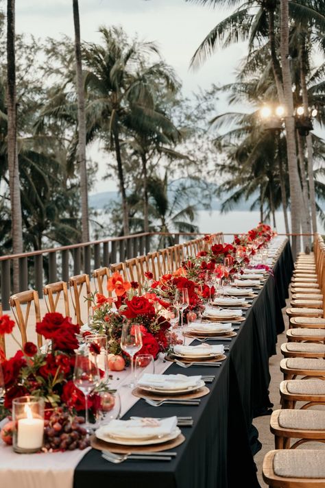 Wedding Colour Palettes, Beach Wedding Red, Hacienda Wedding, Popular Wedding Colors, Red Wedding Decorations, Red Wedding Theme, Long Tables, Phuket Wedding, Red Rose Wedding