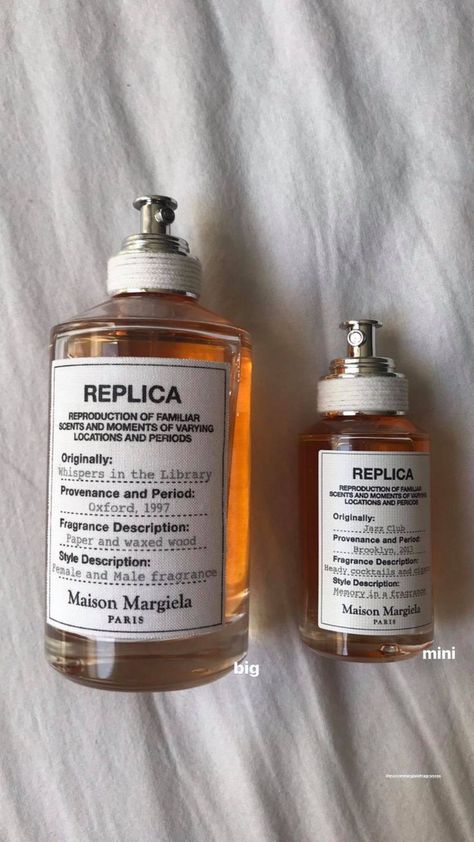 Maison Margiela Replica perfume. Whispers in the library and jazz club. Big and small Whispers In The Library, Replica Jazz Club, Replica Perfume, Parfum Victoria's Secret, Perfume Aesthetic, Maison Margiela Replica, Margiela Replica, Fragrances Perfume Woman, Perfume Collection Fragrance