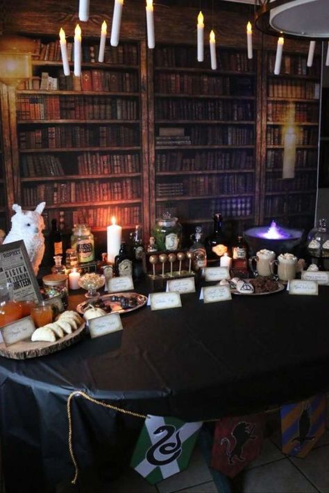 Check out this fantastic Harry Potter birthday party! The party decorations are amazing! See more party ideas and share yours at CatchMyParty.com #catchmyparty #partyideas #harrypotter #harrypotterparty Harry Potter Birthday Dinner Ideas, Harry Potter Party Halloween, Harry Potter Birthday Table Decor, Harry Potter Birthday Boy, Harry Potter Food Table, Harry Potter Party Backdrop, Harry Potter Cake Table, Harry Potter Tablescape, Harry Potter Thanksgiving