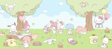 Hello Kitty And Friends Desktop Wallpaper, Sanrio Collage Wallpaper Desktop, Desktop Wallpaper Aesthetic Hello Kitty, Horizontal Sanrio Wallpaper, Sanrio Wallpaper Landscape, Sanrio Notion Cover, Sanrio Background Landscape, Sanrio Ipad Wallpaper Horizontal, Sanrio Cover Photo