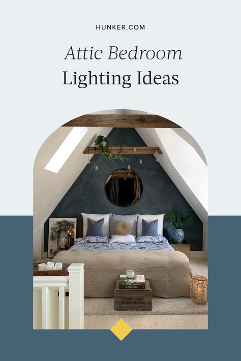 A well-lit attic bedroom can set the tone for an intimate, private escape and be functional for daytime use, too. Keep reading for our round-up of attic bedroom lighting ideas that'll help you create the perfect ambience. #hunkerhome #attic #atticbedroom #lighting #atticlighting #lightingideas Slanted Roof Lighting, Attic Bedroom Lighting, Attic Ceiling, Small Attics, Slanted Roof, Bedroom Lighting Ideas, Attic Lighting, Attic Spaces, Modern Wall Lamp