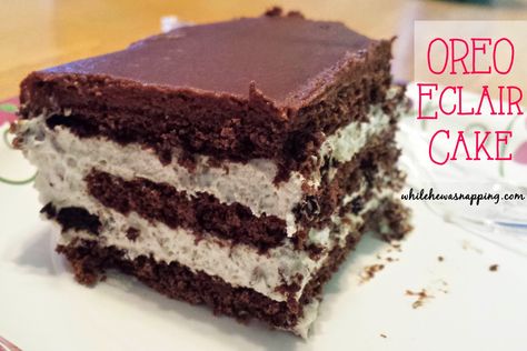 Oreo Eclair Cake - a different version of Chocolate Eclair cake, have to try on a late night craving! Oreo Eclair, Eclairs Dessert, Cake Oreo, Fig Cake, Eclair Cake, Pecan Cake, Oreo Cake, A Piece Of Cake, Almond Cakes