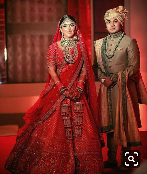 Sabyasachi Bride And Groom, Bridal Red Lehenga, Wedding Day Outfit, Gifts For Bride And Groom, Sabyasachi Bride, Couple Wedding Dress, Wedding Lehenga Designs, Lehenga Red, Indian Bride Outfits