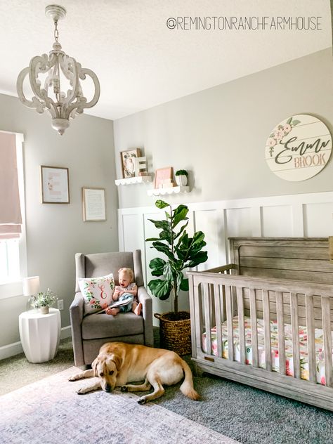 Board And Batten Nursery Wall, Board And Batten Nursery, Toddler And Baby Room, Ranch Farmhouse, Nursery Accent Wall, Batten Wall, Board And Batten Wall, Girl Nursery Room, Nursery Room Design