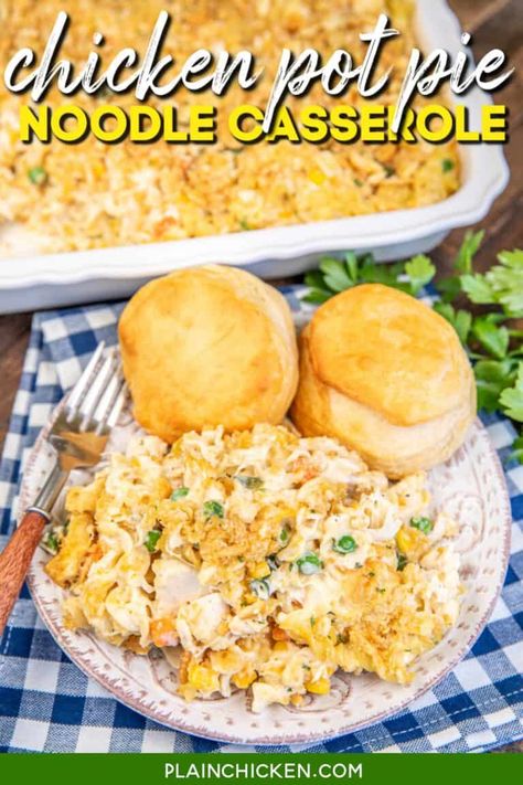 Chicken Pot Pie Noodle Casserole - Plain Chicken Chicken Casserole Egg Noodles, Noodles Cream Of Chicken, Pot Pie Noodles, Chicken Noodle Casserole Recipe, Pot Pie Casserole, Noodle Casserole Recipes, Chicken Noodle Casserole, Cream Biscuits, Chicken Tenderloins