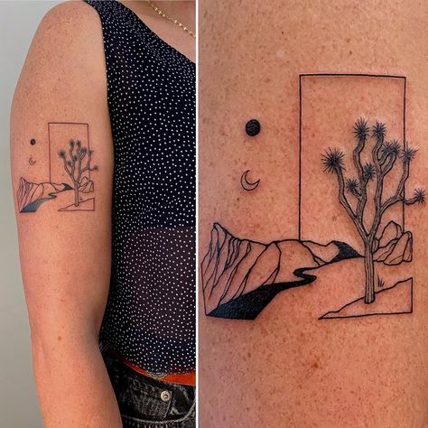 Desert Tree Tattoo, Fine Line Joshua Tree Tattoo, Desert Half Sleeve Tattoo, Desert Style Tattoo, Saguaro Blossom Tattoo, Desert Inspired Tattoos, Small Joshua Tree Tattoo, Desert Stamp Tattoo, Minimalist Wrap Around Tattoo