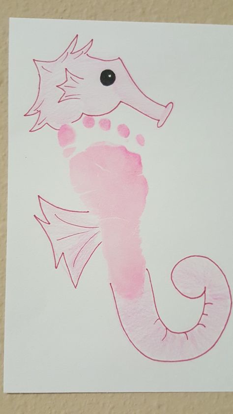 Footprint seahorse Under The Sea Crafts For Babies, Seahorse Footprint Art, Beach Footprint Art, Footprint Alphabet, Seahorse Craft Preschool, Alphabet Footprint Art, Seahorse Craft, Seahorse Crafts, Newborn Footprints