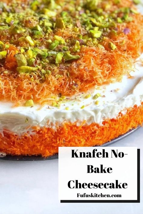 This no bake cheesecake is a great recipe to have on hand! Perfect to make the day ahead and enjoy with guests! The shredded phyllo, pistachios, and simple syrup go perfect with the smooth cheesecake. #cheesecake #nobakecheesecake #knafeh #nobakedessert Knafeh Cheesecake, Halal Desserts, Smooth Cheesecake, Cook Desserts, Middle Eastern Sweets, Arab Food, Cheescake Recipe, Pistachio Cheesecake, Arabic Desserts