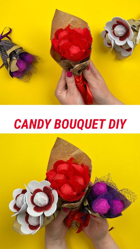 How to make a candy bouquet in 5 minutes? It’s very easy! Watch the video to inspire yourself with diy candy bouquet ideas. These Valentines day candy bouquets will be a great gift for any person you’d like to surprise. Choose the candy bouquet ideas you like the most and replicate them in a couple of steps. Use such a small candy bouquet as a Birthday gift, as a gift for Mother’s Day or any other occasion. Follow us for more Valentines crafts, decor ideas and diy projects. Candy Bouquet For Kids, Small Candy Bouquet, Mini Candy Bouquet, Candy Flower Bouquet, Candy Bouquet Ideas, Diy Candy Bouquet, Make A Candy Bouquet, Valentines Candy Gifts, Bouquet Diy Gift