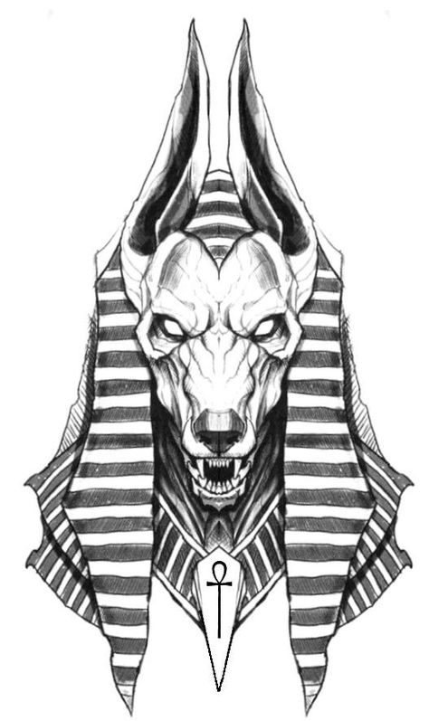 Egyptian Drawings Anubis, Anubis Drawing Egyptian Art, Anubis Drawing Sketches, Pharoah Egyptian Drawing, Anubis Back Tattoo, Anubis Sketch, Anubis Tattoo Stencil, Tattoo Design Egyptian, Anubis Tattoo Design Ideas