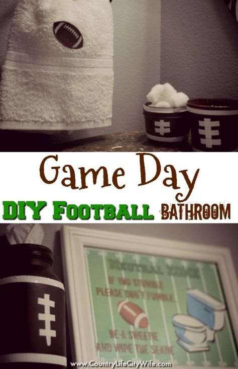 It's almost Game Day! Score with this super easy DIY football bathroom décor & free printable! #ad #MegaGame Football Bathroom Decor, Survival Hacks Diy, Football Bathroom, Sports Bathroom, Soap Dispenser Diy, Football Diy, Football Crafts, Wiccan Decor, Fun Crafts To Do