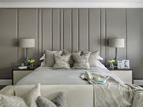 Bespoke upholstered wall, headboard, upholstered panels, Superking-size bed, sofa at foot of bed, Upholstered Bedroom Wall, Headboard Wall Ideas, Upholstered Headboard Bedroom Ideas, Bedroom With Upholstered Bed, Glam Bedrooms, Tufted Headboard Bedroom, Padded Wall Panels, Oversized Headboard, Bed Panel