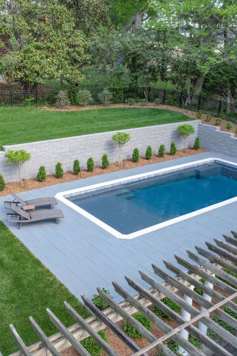 Swimming Pool With Retaining Wall, Sloped Backyard Pool Ideas, Pool With Retaining Wall Sloped Backyard, Retaining Wall Pool, Pool With Retaining Wall, Pools With Retaining Walls Sloped Backyard, Pool Retaining Wall, Pool Patio Furniture, Pool Pavilion