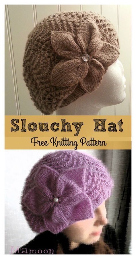 Knitting Patterns Lace, Knitted Flowers Free, Knitting Tam, Knitted Flower Pattern, Beret Pattern, Lace Hat, Hat Flower, Yarn Hats, Knitting Patterns Free Hats