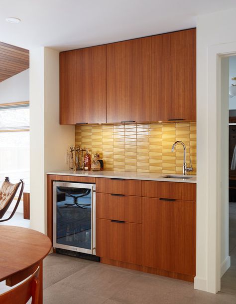 Award Winning Renovation | Mid-Century Teak — Quadrant Construction Interior Design Drafting, Modern Wet Bar, Teak Cabinets, Mid Century Modern Bar, Mcm Kitchen, Modern Kitchen Remodel, Modern Home Bar, Modern Basement, Midcentury Home