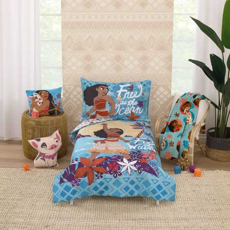 The Disney Moana Free as the Ocean 4 Piece Toddler Bed Set includes a comforter, fitted bottom sheet, flat top sheet, and reversible pillowcase. The comforter measures 42" x 57" and features Moana holding the Heart of Te Fiti Stone in front of a tropical background with encouraging words "Feel the Waves". Detailed with palm trees, flowers, and tropical patterns in shades of turquoise, purple, orange, cream, and white. The fitted bottom sheet and flat top sheet are both featured in a fun allover Reversible Pillowcase, Free As The Ocean, Moana Pua, Te Fiti, Ocean Room, Toddler Sheets, Toddler Bed Set, Tropical Background, Toddler Pillow