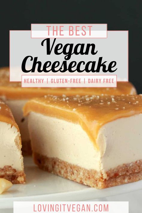 This vegan cheesecake is the best ever! It’s rich and creamy and topped with a salted caramel fudge sauce. So much like the ‘real thing’ you will hardly believe it. #vegan #dairyfree | lovingitvegan.com Salted Caramel Dessert, Best Vegan Cheesecake, Caramel Dessert, Salted Carmel, Dessert Sauce, Salted Caramel Fudge, Caramel Desserts, Caramel Fudge, Baked Cheesecake Recipe