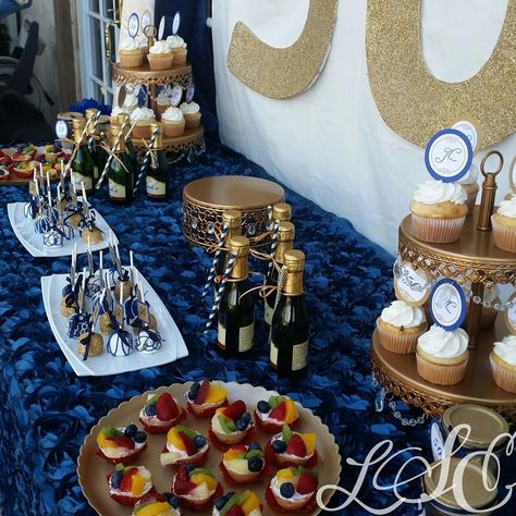 Image result for blue and gold dessert ideas Blue Gold Dessert Table, Navy And Gold Dessert Table, Gold Dessert Ideas, Blue And Gold Dessert Table, Gold Dessert Table, 30th Anniversary Parties, 75th Birthday Parties, Gold Dessert, Gala Party