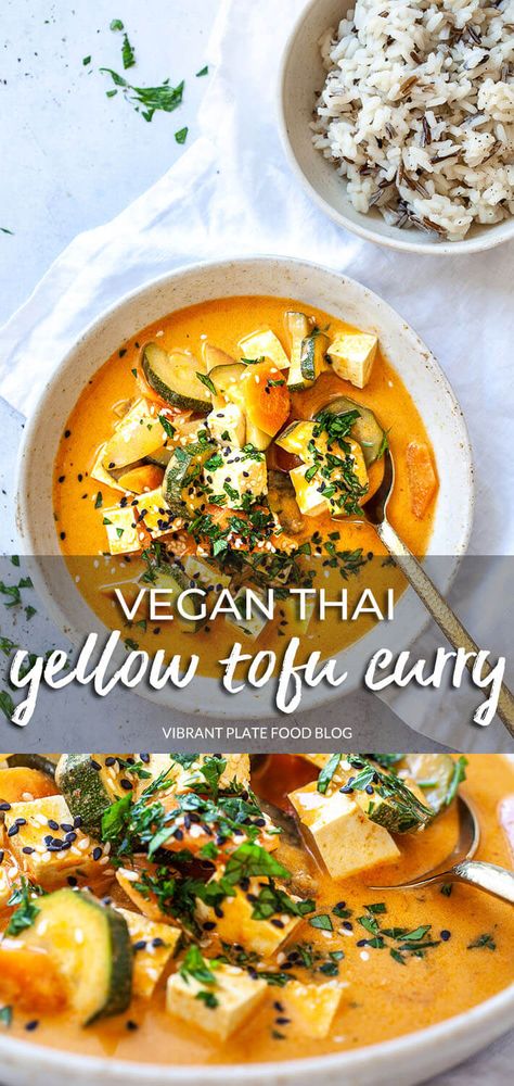 A Thai inspired Vegan Yellow Tofu Curry is ready on the table in less than 30-minutes! Super easy and delicious. Thai Curry Recipes Vegetarian, Vegan Yellow Curry, Curry Chickpeas, Yellow Curry Recipe, Thai Yellow Curry, Thai Curry Recipes, Curry Recipes Vegetarian, Vegan Curry Recipes, Tofu Curry