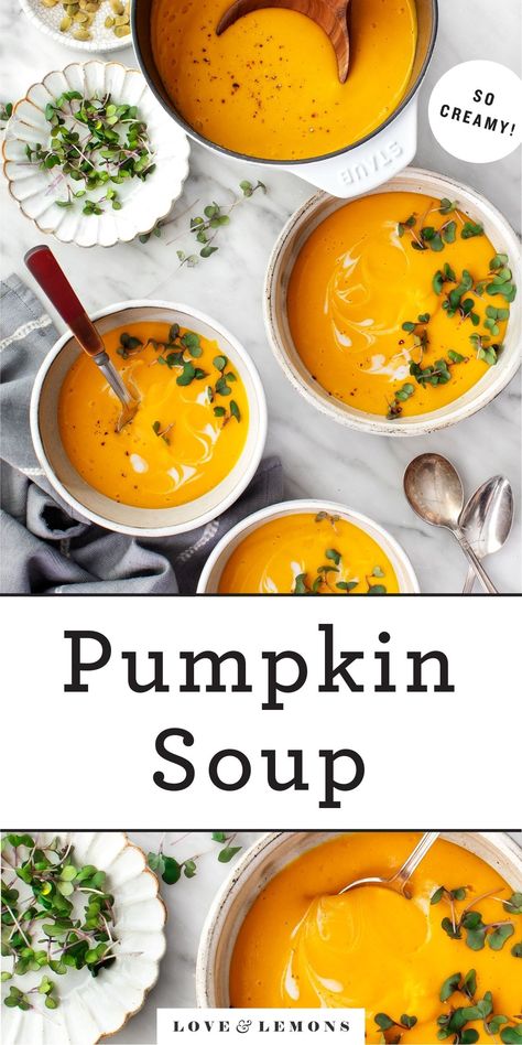 This creamy pumpkin soup recipe is perfect for cool fall nights! Made with fresh roasted squash, coconut milk, and curry spices, it's healthy, warming, and delicious. | Love and Lemons #soup #pumpkin #dinnerideas #fall Best Pumpkin Soup Recipe, Best Pumpkin Soup, Creamy Pumpkin Soup Recipe, Creamy Pumpkin Soup, Pumpkin Soup Recipe, Croutons Homemade, Curry Spices, Autumn Salad, Roasted Squash