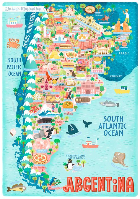 Map of Argentina Illustration on Behance Argentina Map, Argentina Food, Food Map, Map Illustration, Argentina Travel, France Map, Country Maps, Planner Templates, Illustrated Map