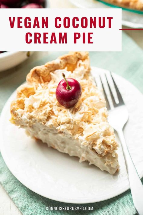 This vegan coconut cream pie is filled with luscious layer of coconut pudding covered in dairy-free whipped cream and toasted coconut. A decadent dessert that nobody would guess was eggless and dairy-free! Vegan Coconut Cream Pie, Triple Coconut Cream Pie, Vegan Coconut Cream, Coconut Creme Pie, Dairy Free Whipped Cream, Vegan Pies Recipes, Cream Pie Filling, Coconut Cream Pie Recipes, Vegan Frosting