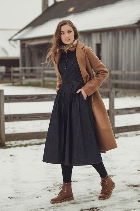 Winter outfit with a denim dress, wool coat, and brown lace-up boots. Dress Outfits Winter Casual, Freezing Weather Outfit Work, Warm Church Outfit Winter, Winter Dress Up Outfits, Warm Dress Outfits, Feminine Winter Outfits Girly, Warm Church Outfit, Modest Church Outfits Winter, Germany Winter Outfits